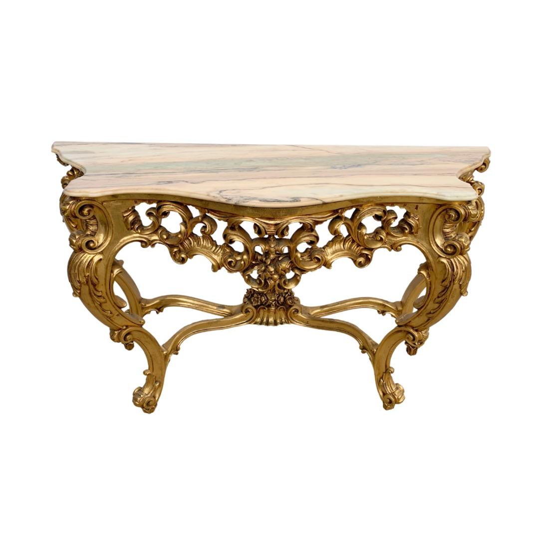 Italian Heavily Carved Vintage Louis XIV Style Giltwood Console Table For Sale