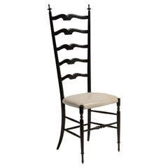 Mid-Century Chiavari Ladderback Chair of Ebonized Wood and Leather Seat, Italy