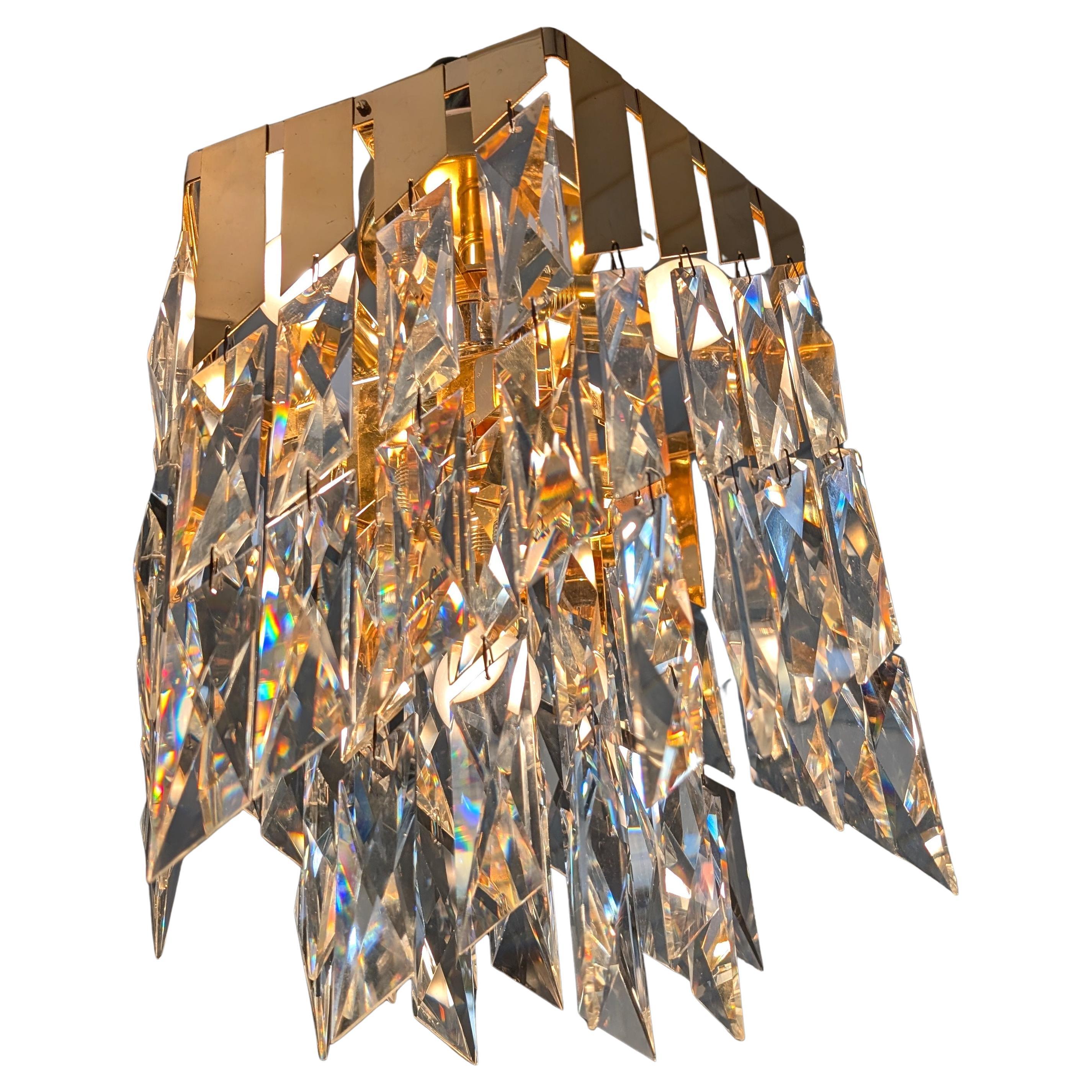 Vintage cut glass rhomboid & gold metal 1980s chandelier