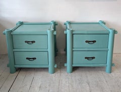 Pair large vintage turquoise lacquer bamboo bedside cabinets / nightstands 1980s
