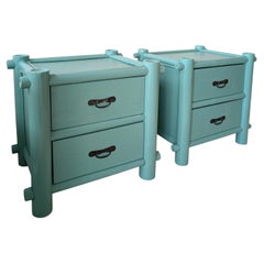 Pair large vintage turquoise lacquer bamboo bedside cabinets / nightstands 1980s
