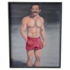 Portrait vintage au style kitsch représentant un homme moustachu en maillot de bain, États-Unis, années 1980
