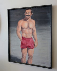 Portrait vintage au style kitsch représentant un homme moustachu en maillot de bain, États-Unis, années 1980