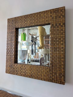 Huge vintage woven tobacco-toned rattan mirror with bevelled glass, USA c1980s
