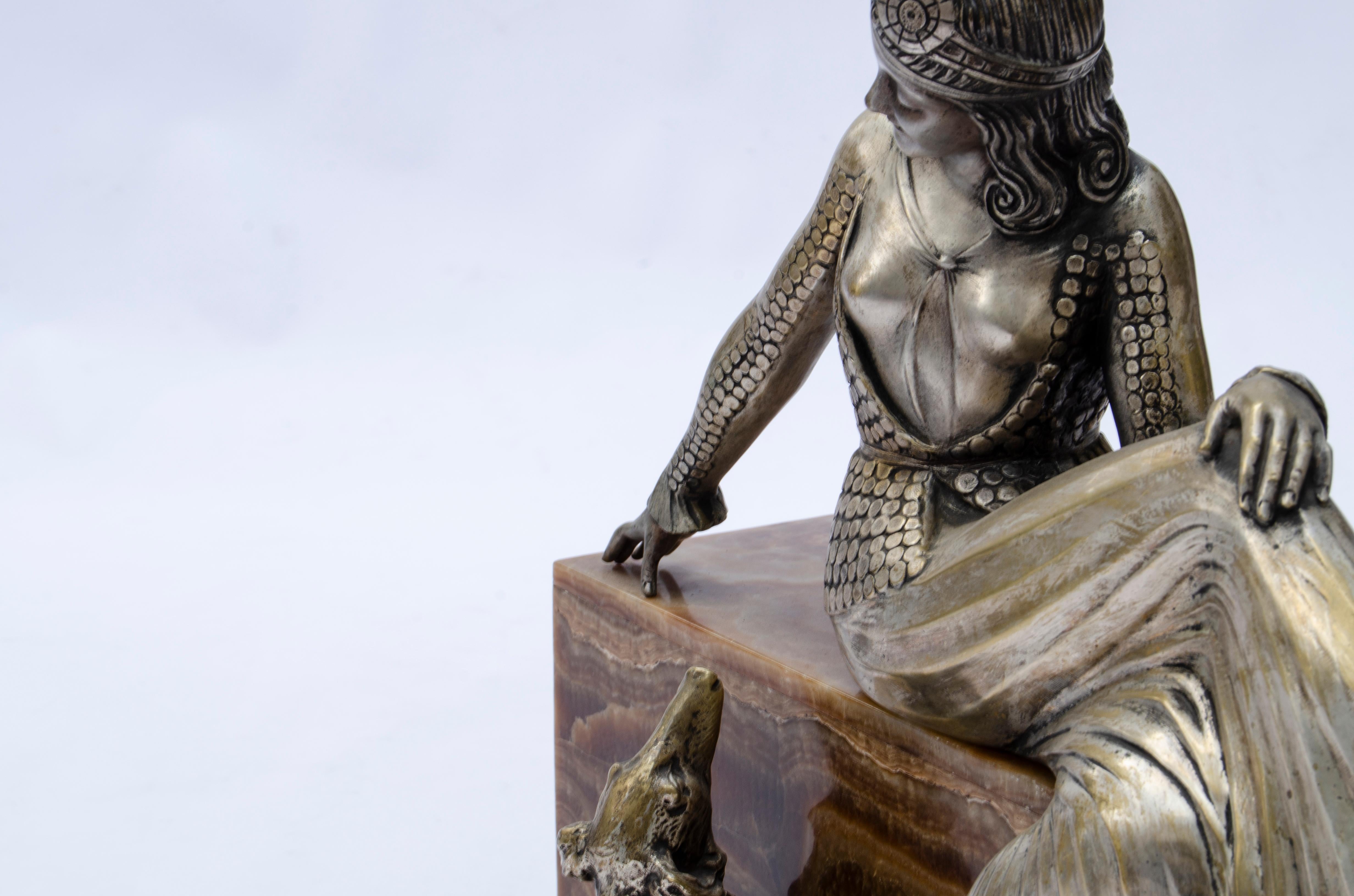 Silvered Sculpture “Woman seated with greyhound” by Armand Lémo For Sale