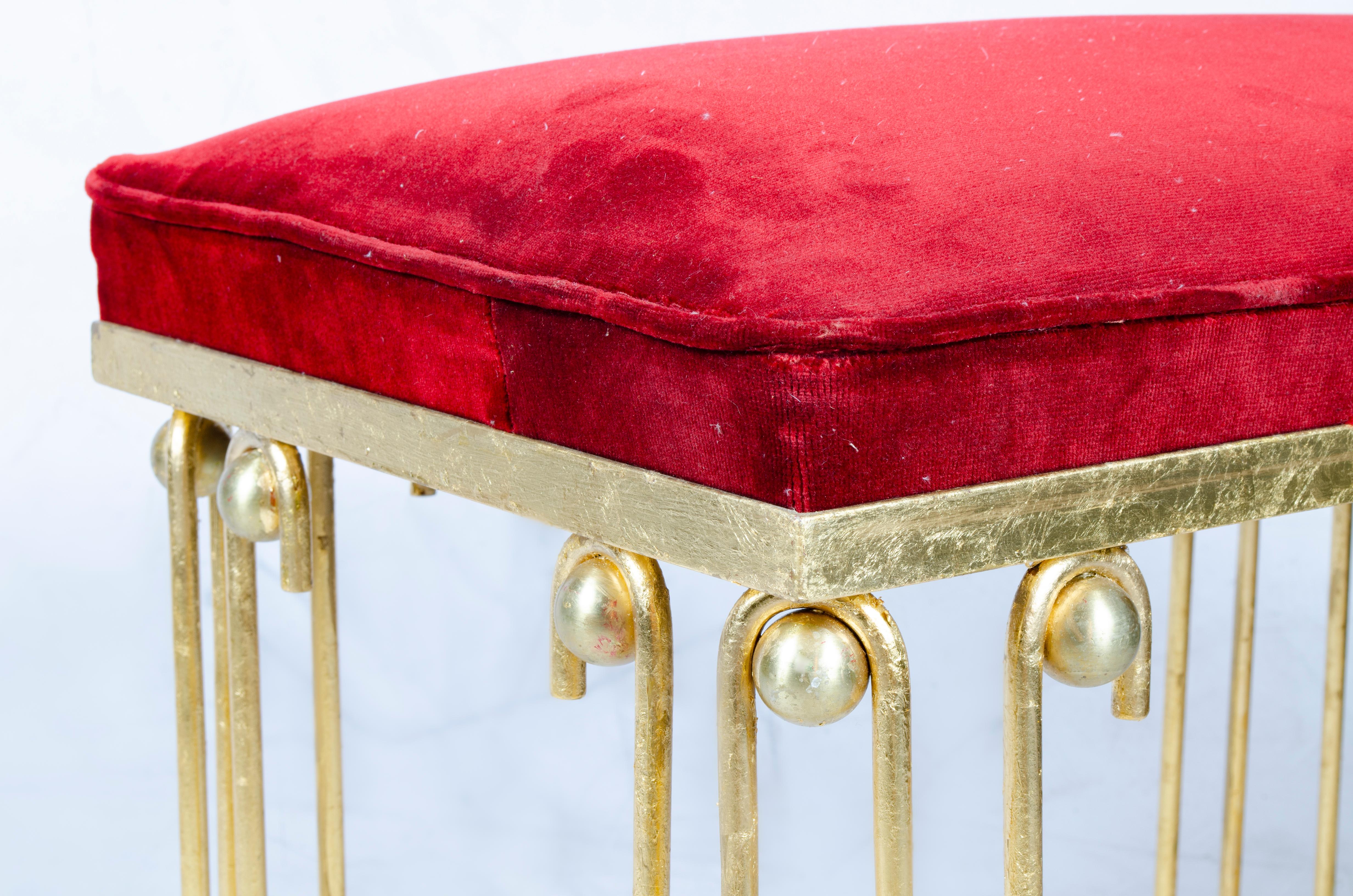 Pair of 'Ondulation' stools by Jean Royère. Made in tubular brass, brass, fabric. Jean Royère took on the mantle of the great artistes décorateurs of 1940s France and ran with it into the second half of the twentieth century. Having opened a store