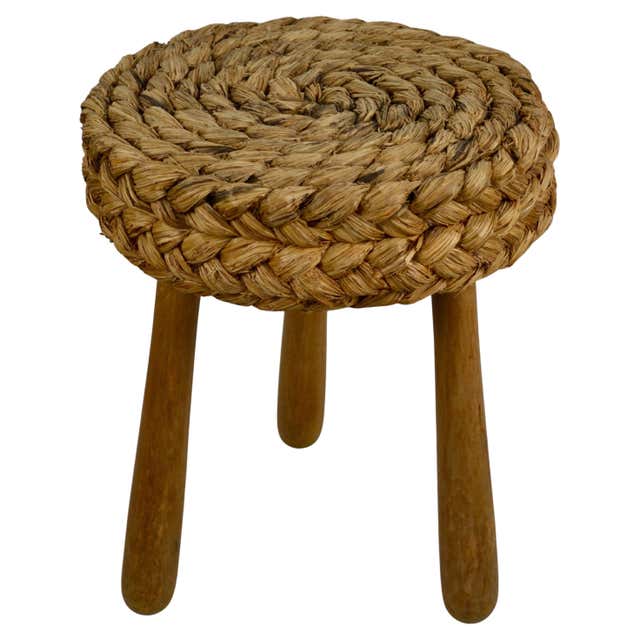 Rustic French Wood and Natural Fiber Stool/ Accent Table, Audoux-Minet ...
