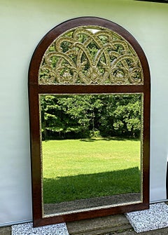 Regency-Style Burl Wood Arch Mirror w/ Antique Silver Carved Crest & Bevel Glass