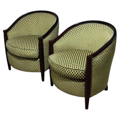 French Art Deco Barrel Club Chairs, Green Velvet, Mahogany
