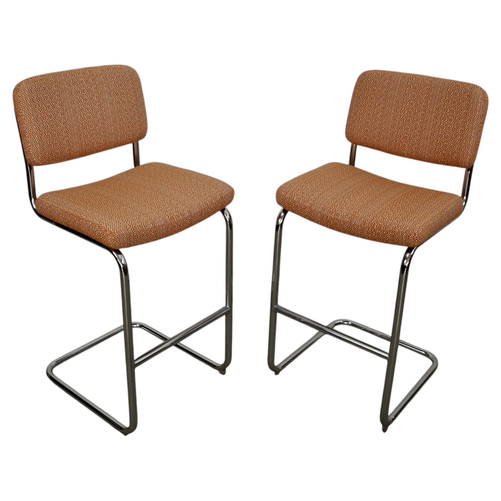 1970's Marcel Bruer Style Chrome Bar Stools by Chromcraft - A Pair For Sale