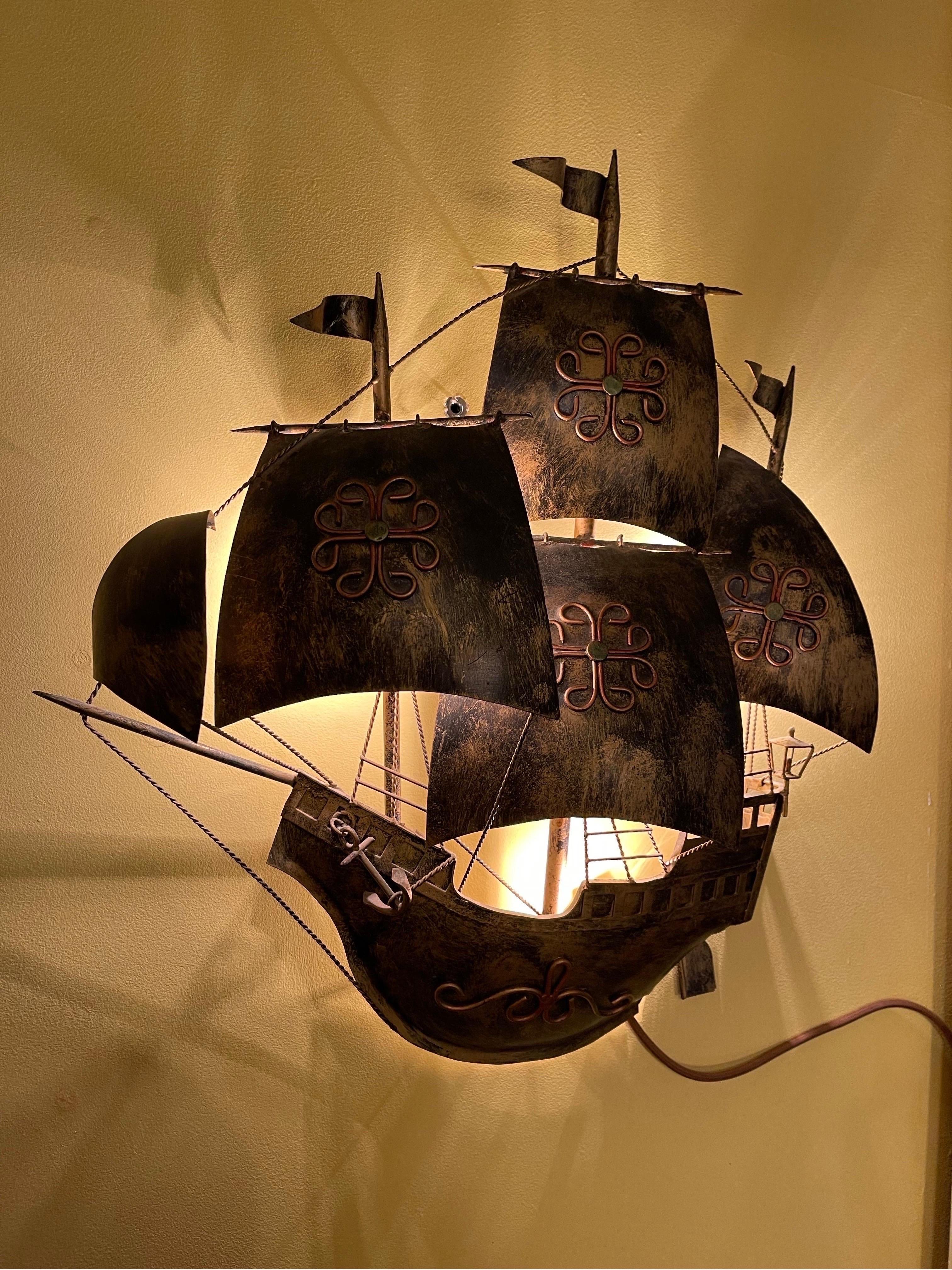 Metal Galleon boat pair of wall lighting gilt gold , 1950s For Sale