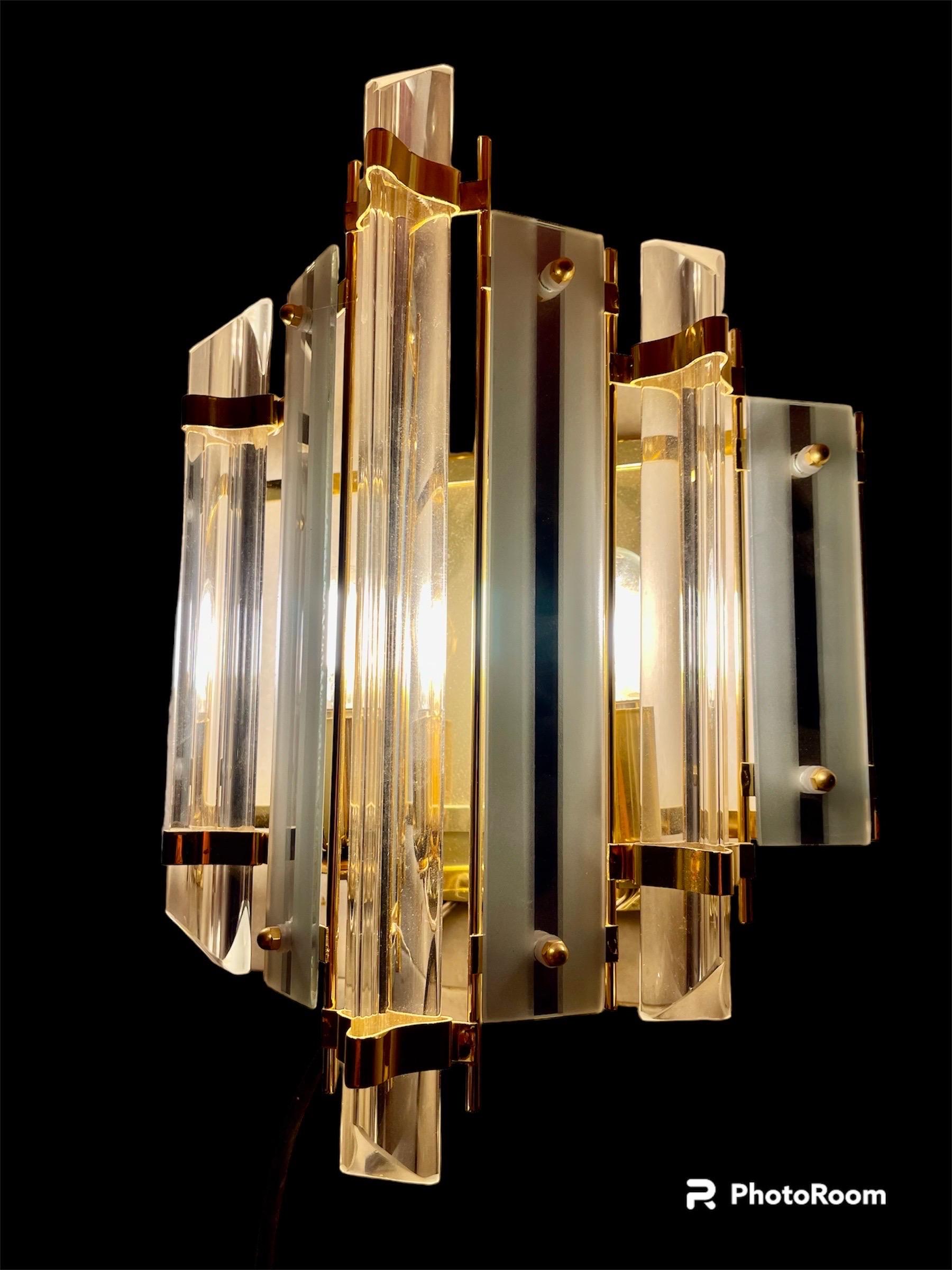 Italian Venini Wall Lighting Pair Glass with Gilt Gold Structure, Italy, 1970 For Sale