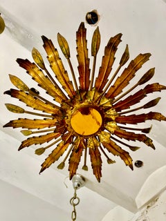 Large Spanish Crown Sunburst fixture in Gilt Metal and frost Glass , circa 1950