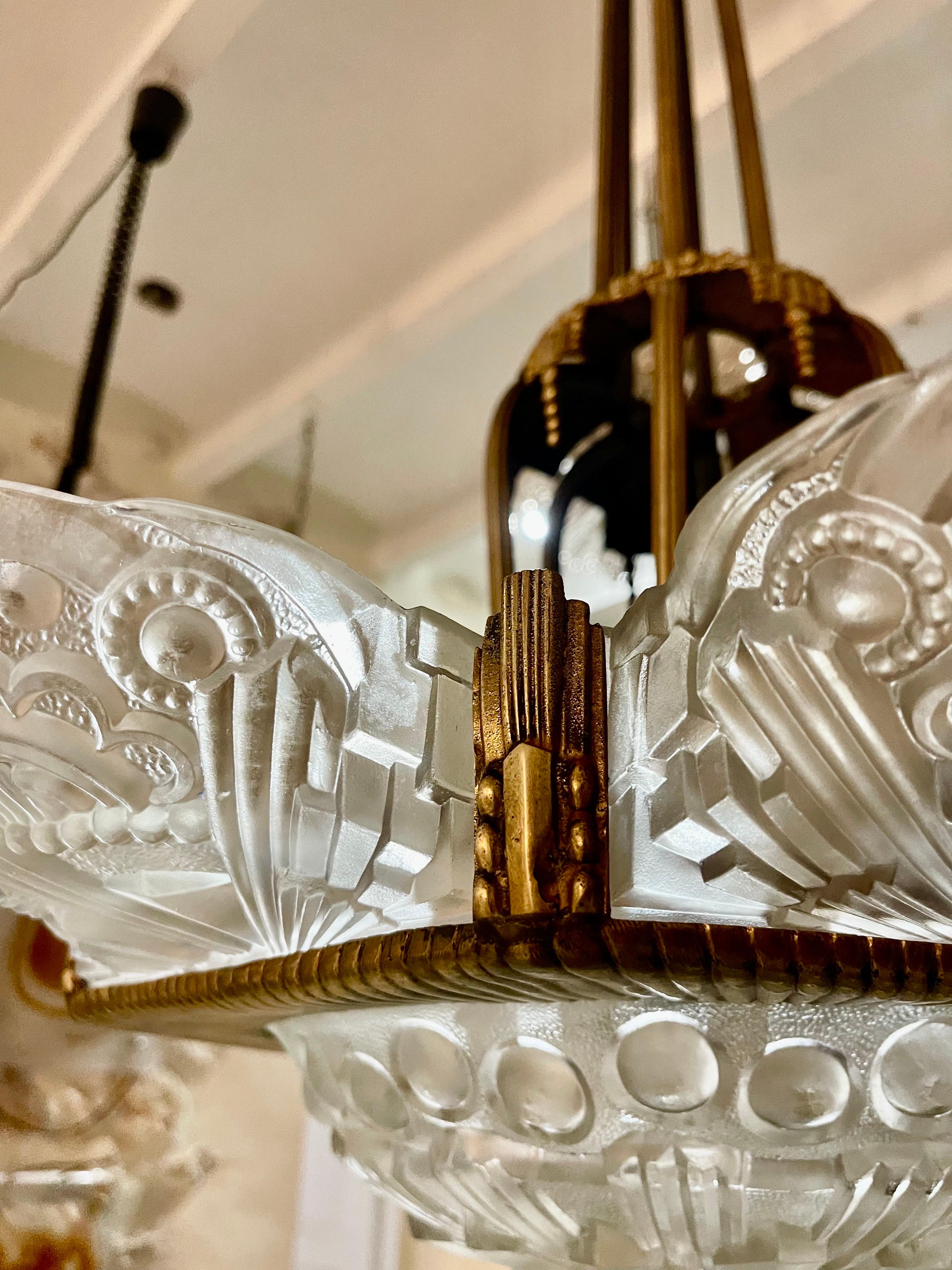 Glass George Leleu bronze chandelier original, french 1930 For Sale