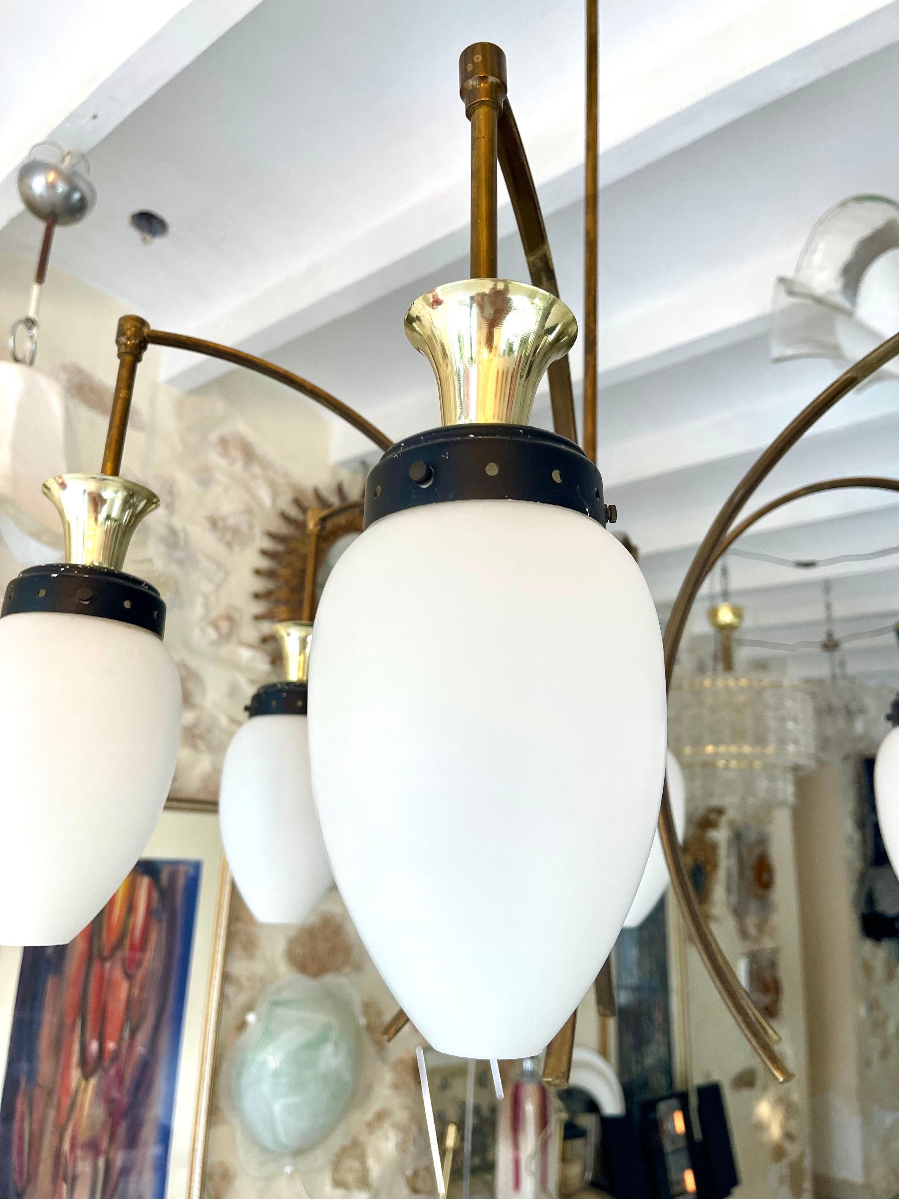 Bruno Gatta by Stilnovo Chandelier brass with 6 opaline glass , Italy 1960 For Sale 1