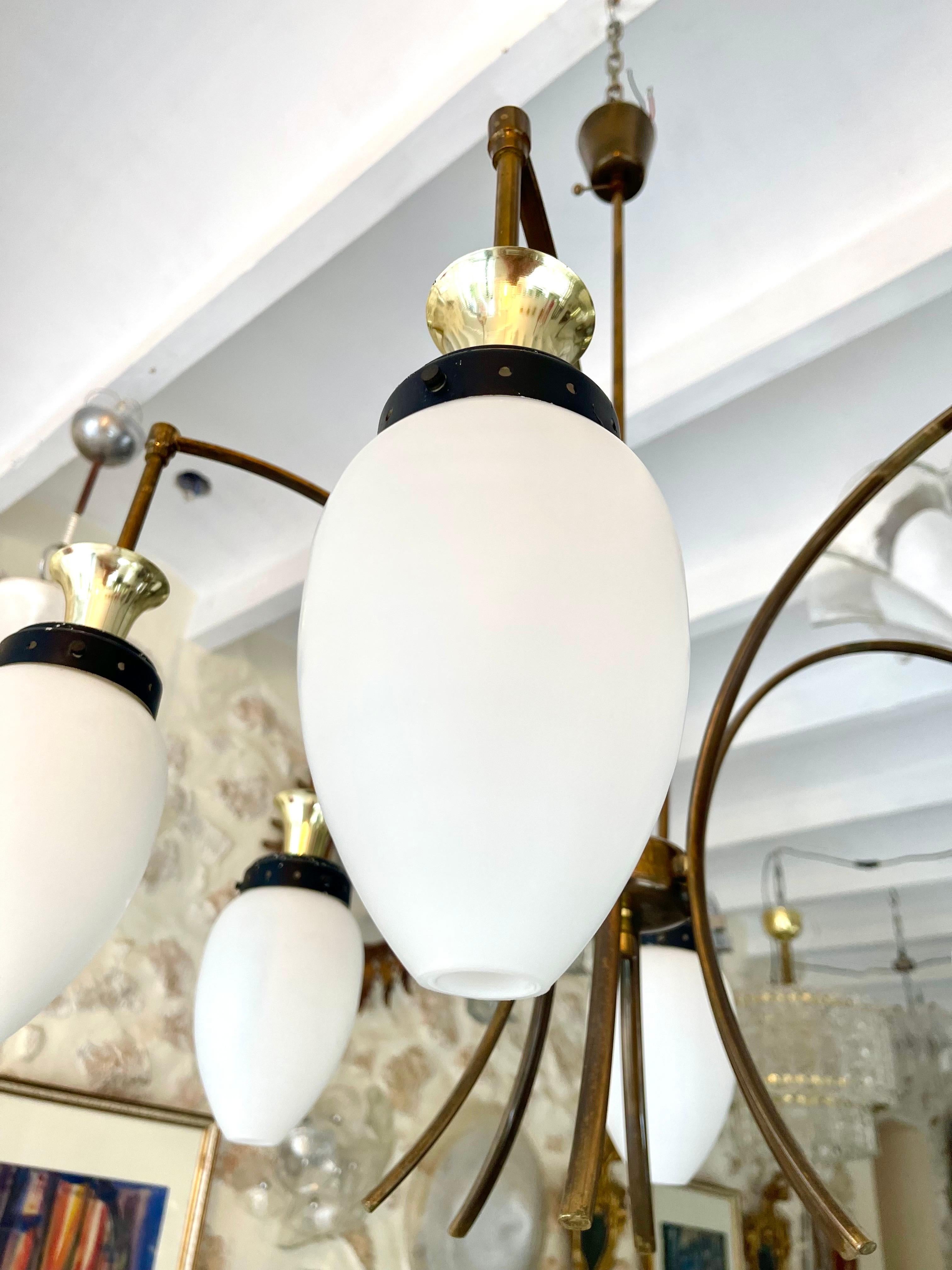Bruno Gatta by Stilnovo Chandelier brass with 6 opaline glass , Italy 1960 For Sale 2