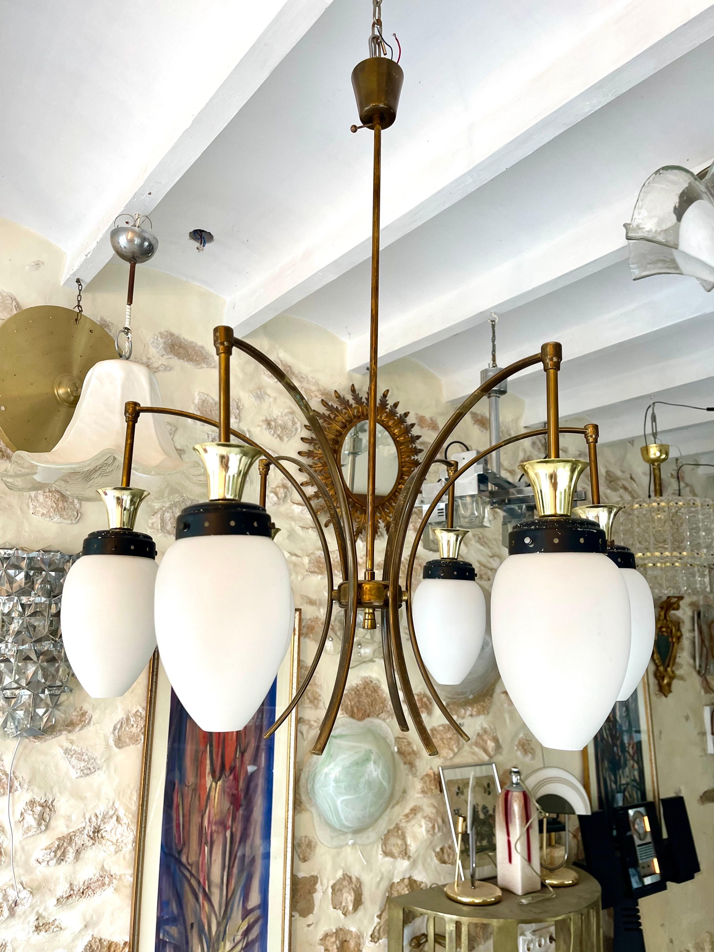 Bruno Gatta by Stilnovo Chandelier brass with 6 opaline glass , Italy 1960 For Sale 3