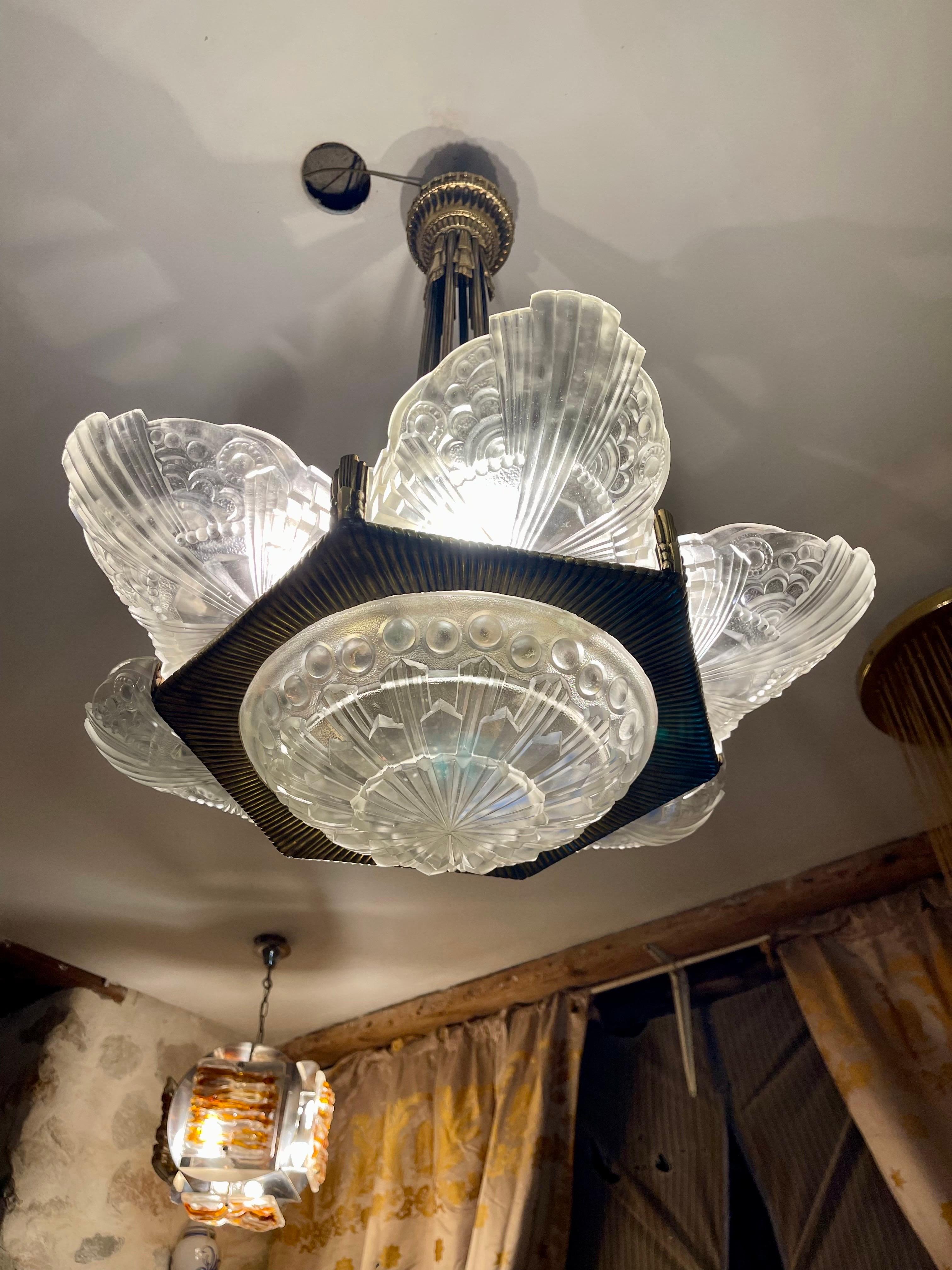 Georges Leleu bronze chandelier original, french 1930 For Sale 3