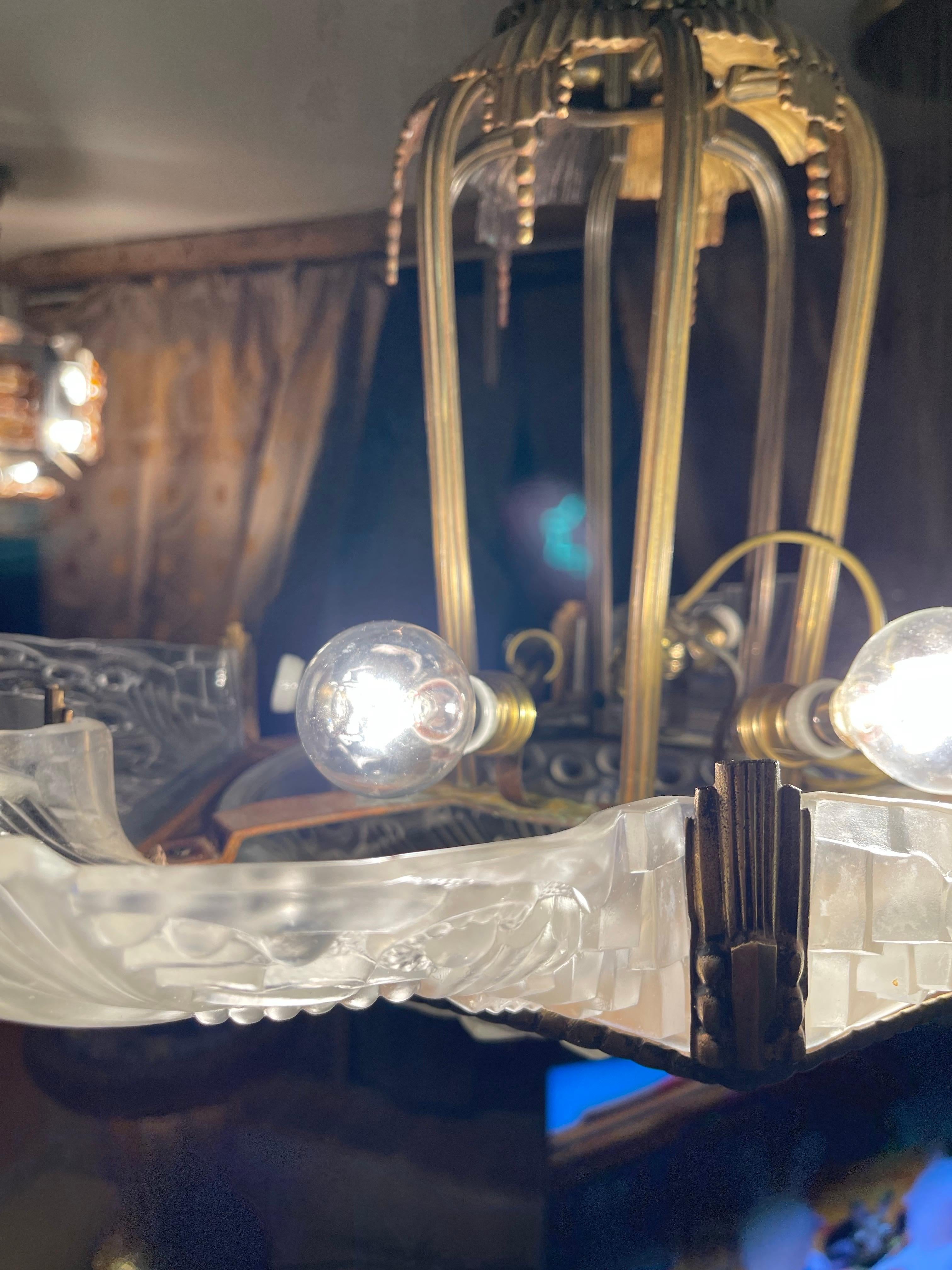 Georges Leleu bronze chandelier original, french 1930 For Sale 4