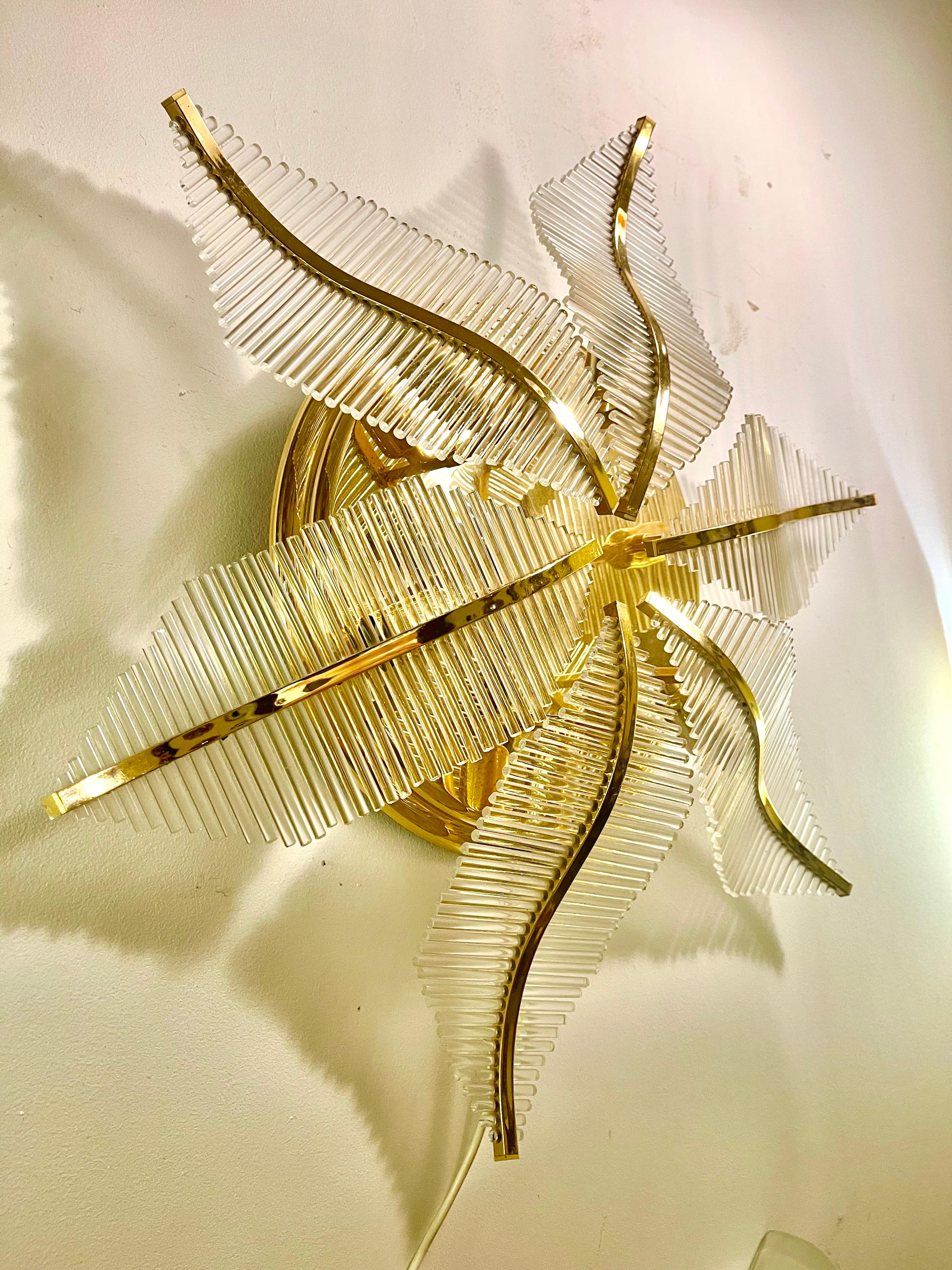 Laiton Maison scoliari PALM luminaire mural en verre murano , italie années 1970 en vente