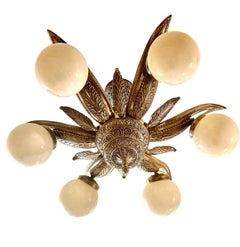 French Art Deco Chandelier Gilt Silver and original Glass , 1930s