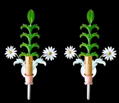 Floral Daisy wall light Bright Tole hand paint Metal, Italy 1960s