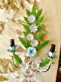 Floral Daisy wall light Bright Tole hand paint Metal, Italy 1960s