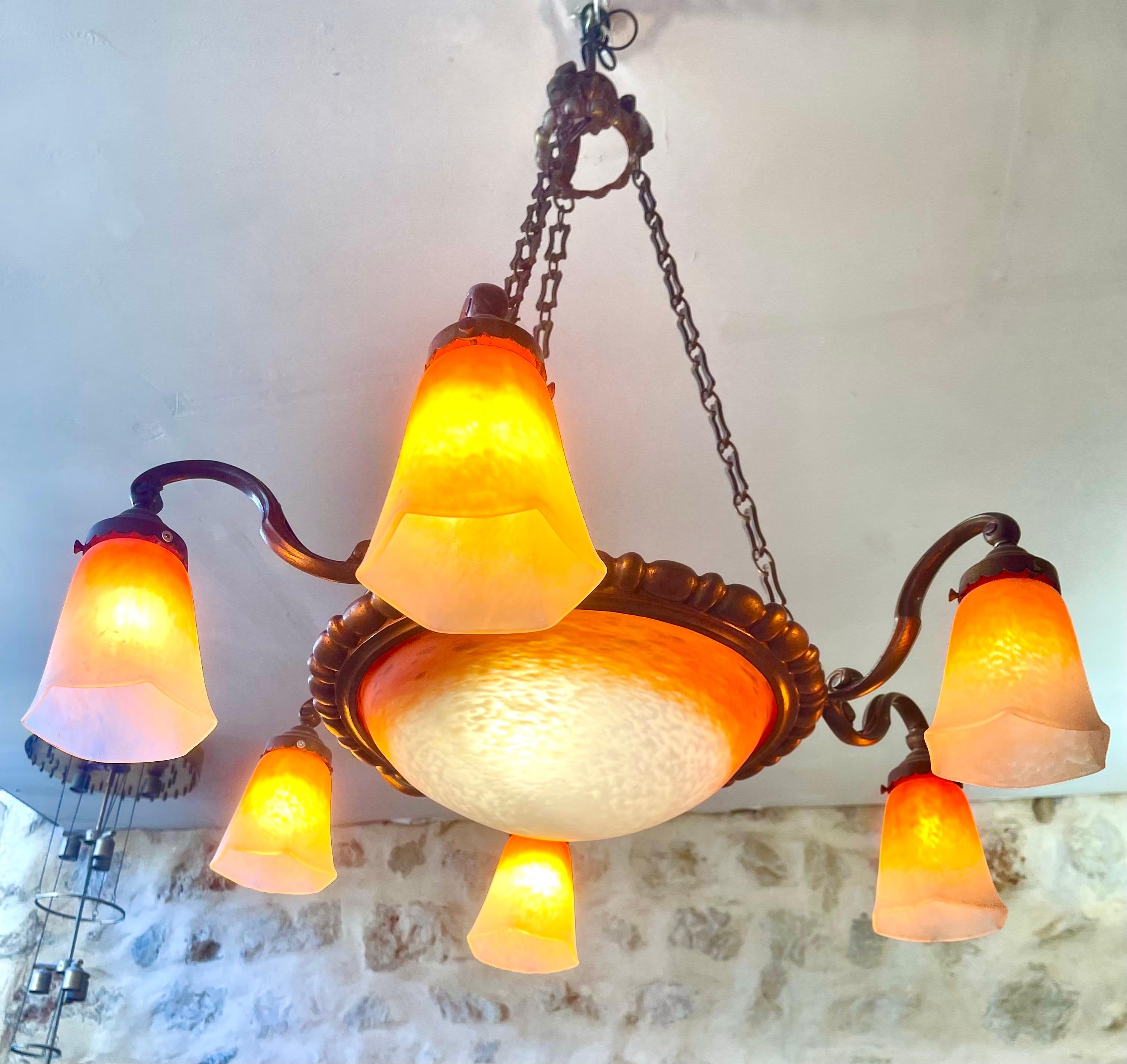 Large French Chandelier by Schneider Frères  Glass & Bronze Palace France 1925 For Sale
