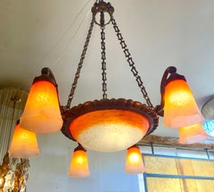 Schneider glass chandelier french Art Deco 1920 7 lights sign