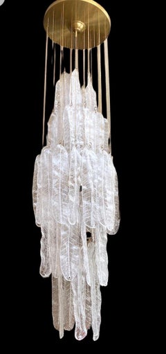 Mazzega Pendant Glass Murano gold Ice Frost Leaves brass Structure, Italy 1970