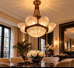 Georges Leleu bronze with glass chandelier original, french Palace 1930