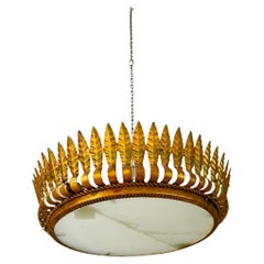 Large Spanish Crown Sunburst fixture in Gilt Metal and frost Glass , circa 1950