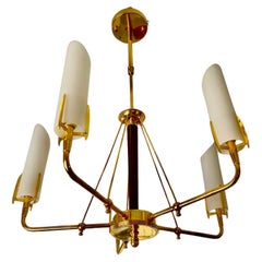 Stilnovo chandelier opaline Glass with gilt gold brass, italy 1980s