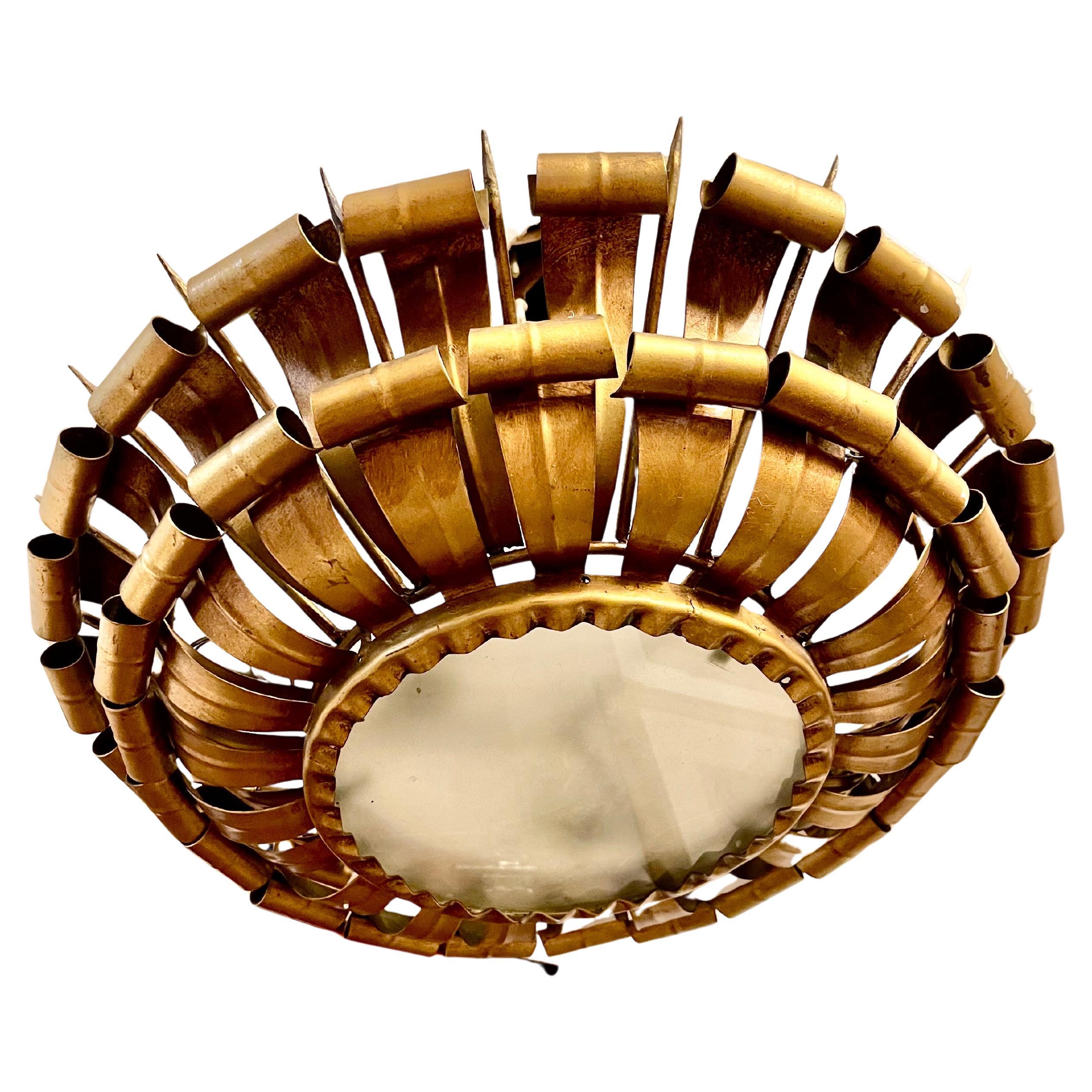 Spanish Crown Sunburst fixture XL in Gilt Metal and frost Glass , circa 1950