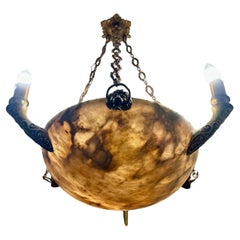 Lustre Art déco en marbre avec structure complète en bronze grand modèle, France 1920