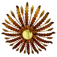 Large Spanish Sunburst Flush Mount in Gilt Metal with support, circa 1950