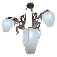 French Art Deco Silvered Bronze Chandelier to Georges Marius Boretti, Lyon, 1930