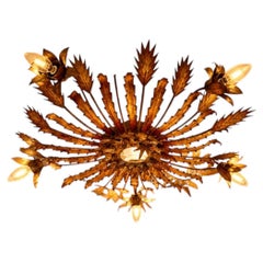 7-Light Spanish Gilt Iron Sunburst Flush Mount, 95 cm, Attr. Ferro Art, c. 1950s