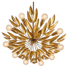 12 lights Spanish Gilt Iron Sunburst Flush Mount, 100 cm, Ferro Art, c. 1950s