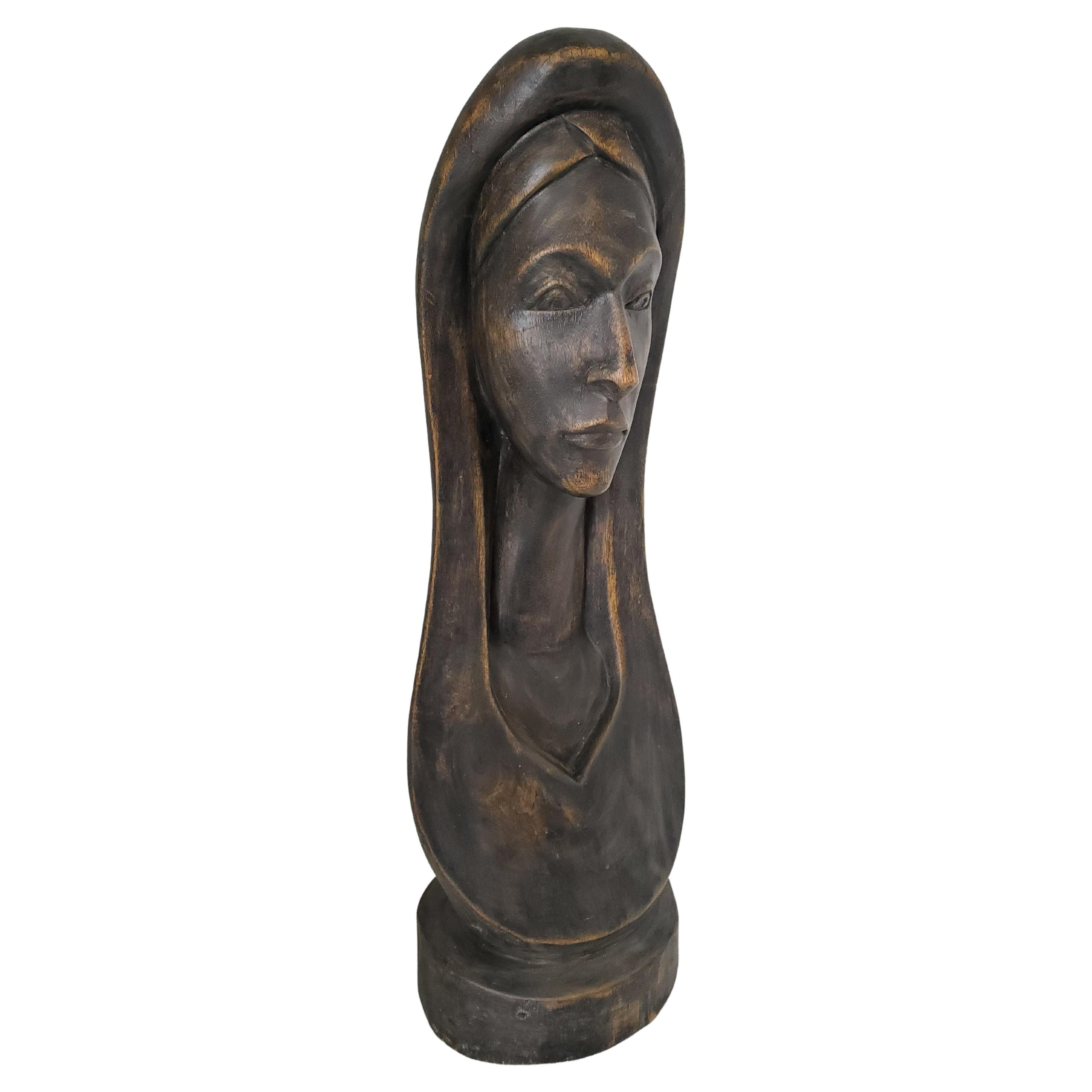Antique Wood Sculpture or Bust of a Woman or Madonna - Hand Carved and Bronzed  For Sale