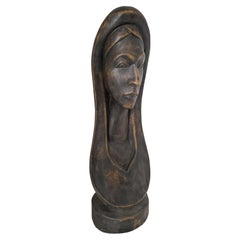 Antike Holzskulptur oder Büste einer Frau oder einer Madonna – handgeschnitzt und bronziert 