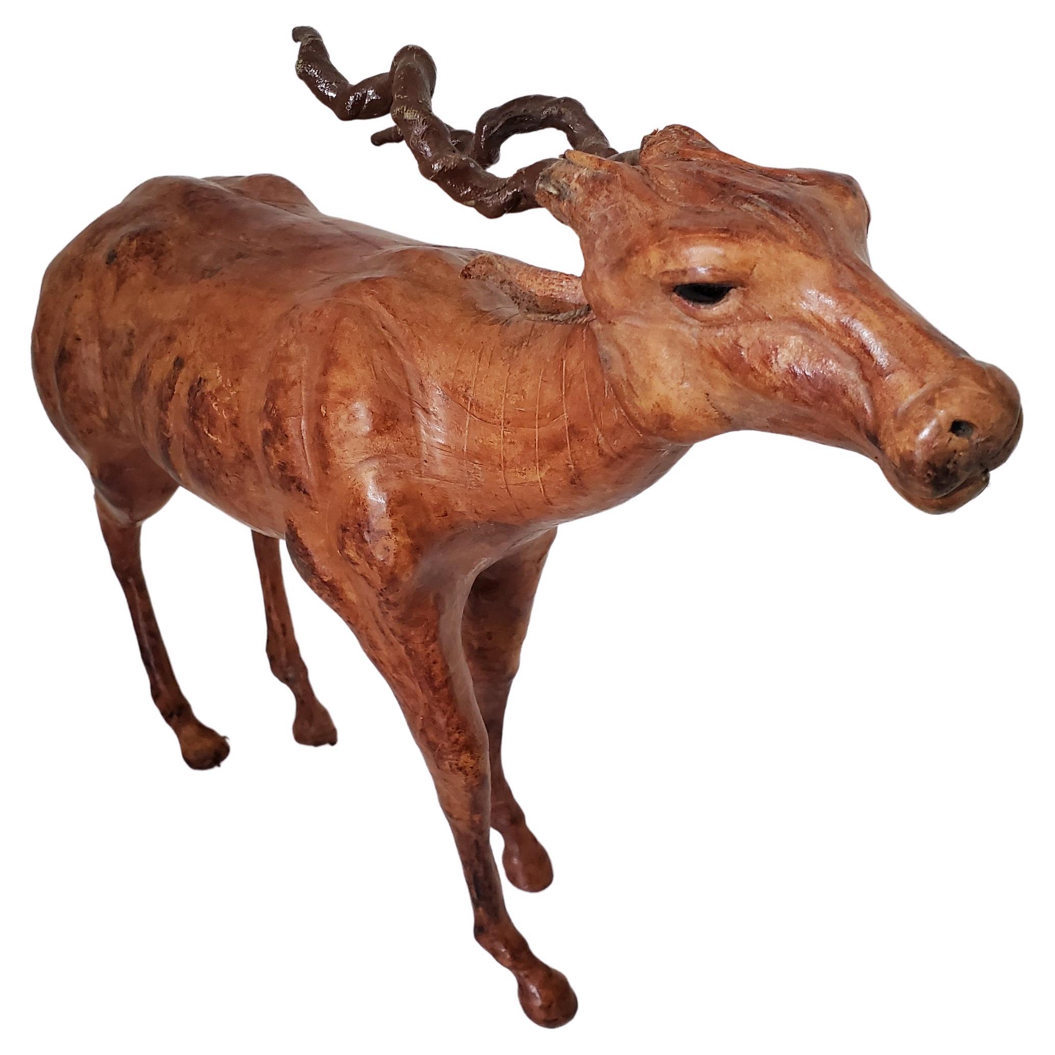 Vintage Sculpture - Wood and Leather Gazelle Likely from Liberty's London For Sale