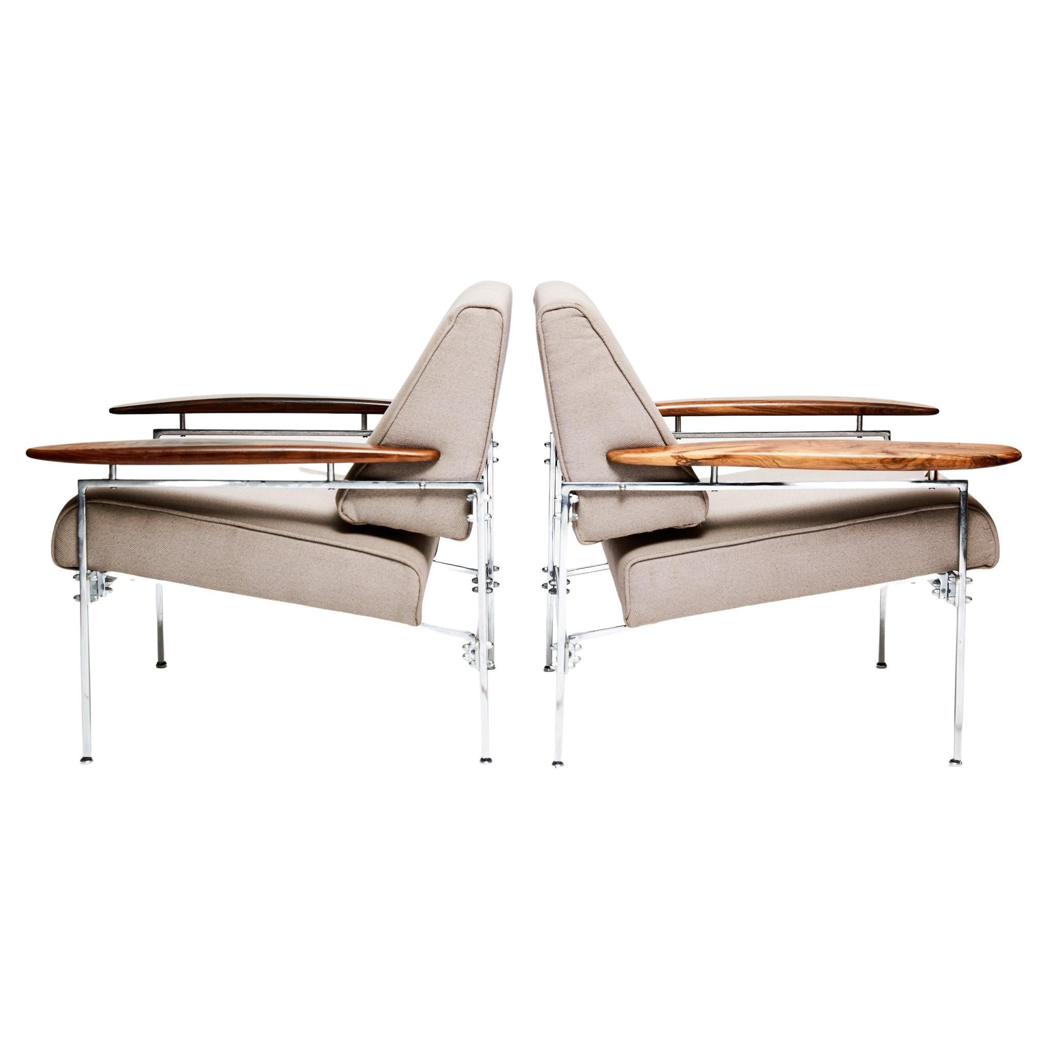 Mid-Century Modern Brazilian Modern Armchairs in Chrome, Hardwood & Beige Fabric. Sergio Rodrigues