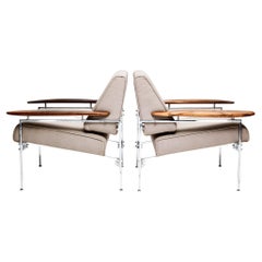 Brazilian Modern Armchairs in Chrome, Hardwood & Beige Fabric. Sergio Rodrigues