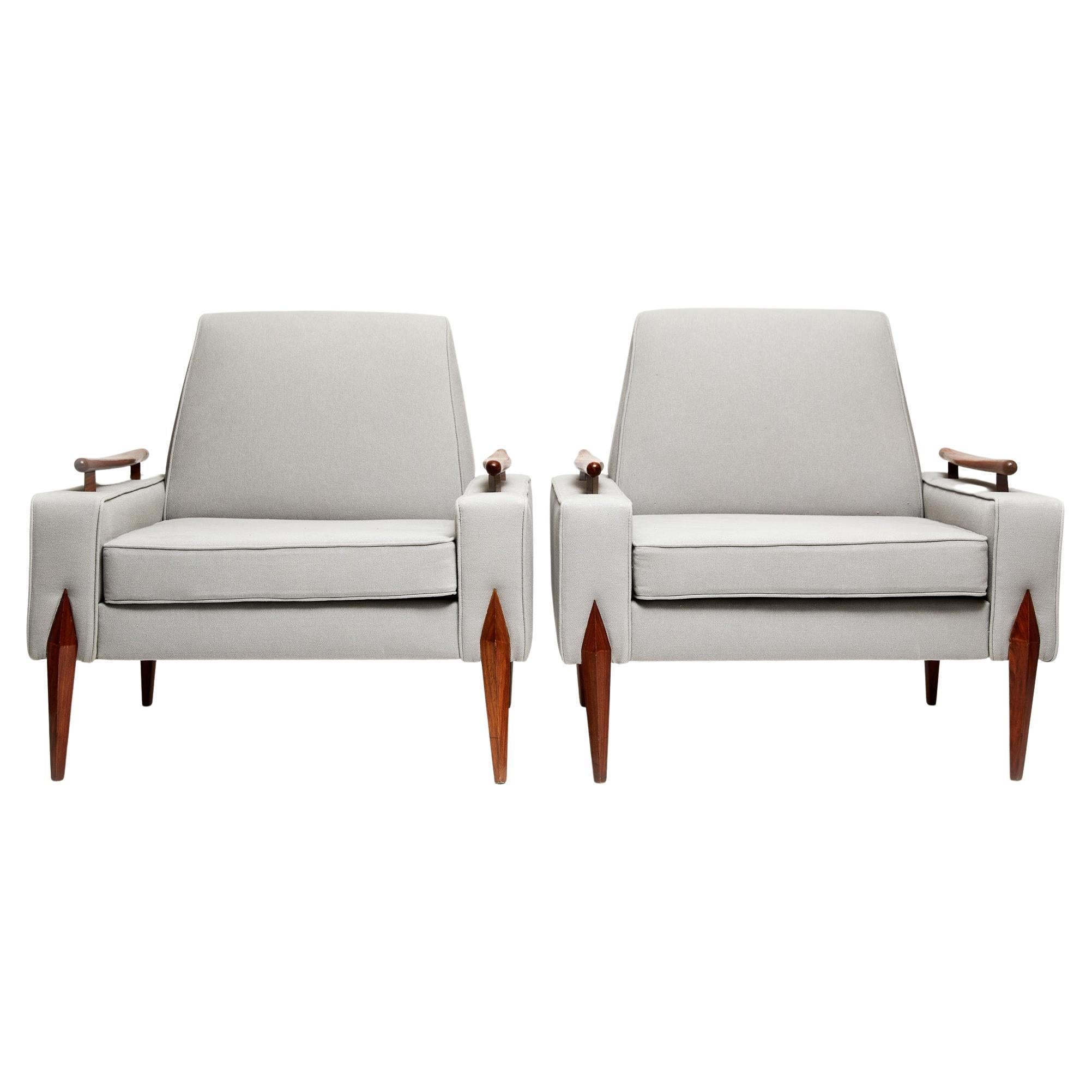 39. Brazilian Modern armchairs in Caviuna hardwood & Grey Linen, circa 1950s, Brazil 

Available today, these Brazilian Modern Armchairs in Caviuna Hardwood & Grey Linen, made in the 1950 are gorgeous! 

This wonderful pair consists of a