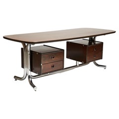 1970's Midcentury Modern Desk in Tubular Chrome & Wood Leaf by Geraldo Barros