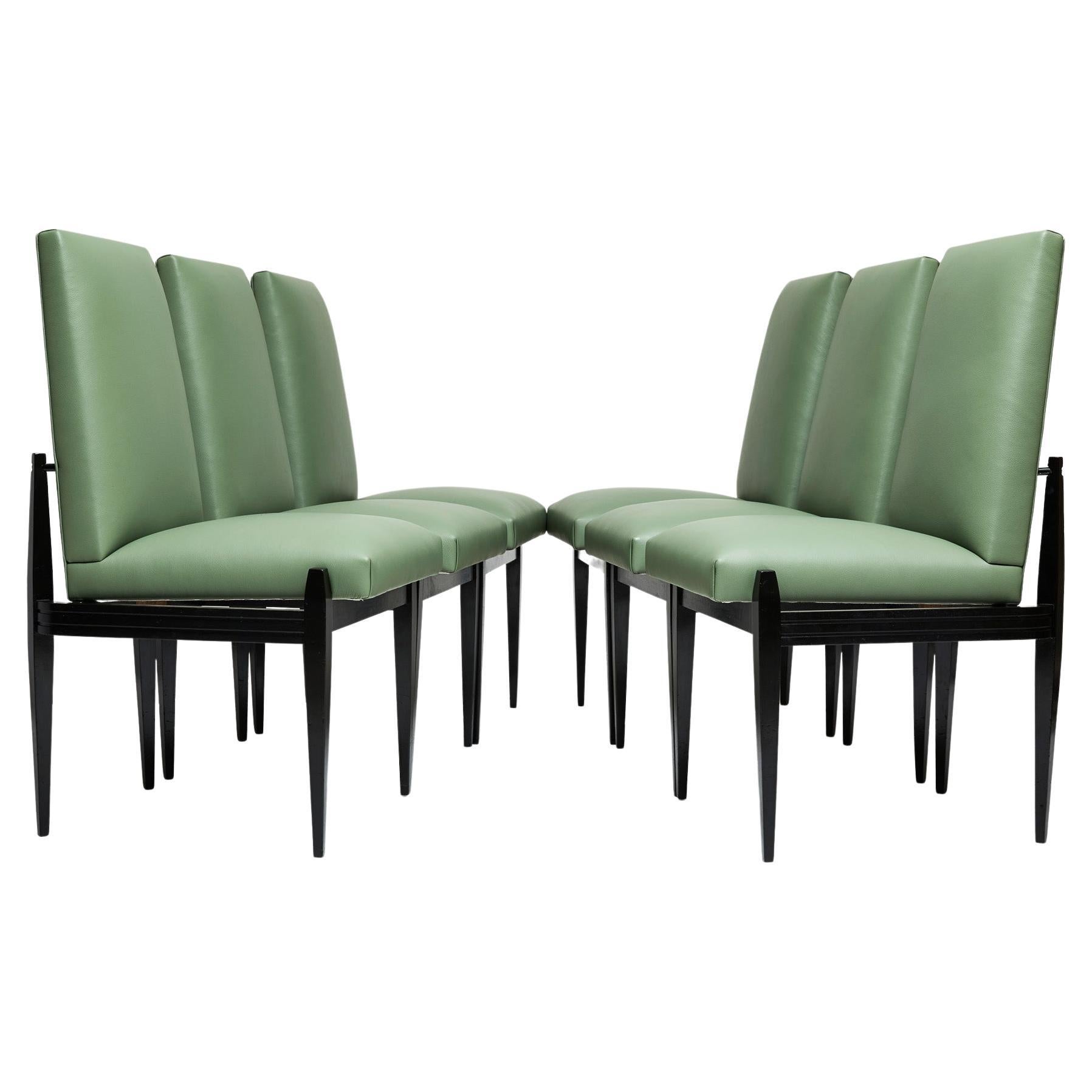 Mid-Century Modern Brazilian Modern Set of Six Chairs in Hardwood & Green Leather by Cimo 1950