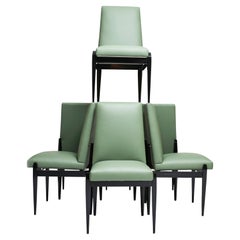 Brazilian Modern Set of Six Chairs in Hardwood & Green Leather by Cimo 1950