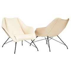 Midcentury Armchairs in White Leather & Iron Base by Carlo Hauner, 1955, Brazil
