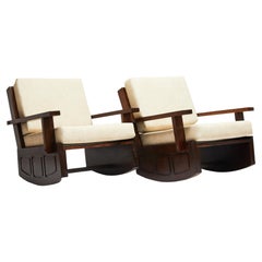 Vintage Midcentury Modern Rocking Chairs in Hardwood & Cream Aqua Block cushions, Brazil